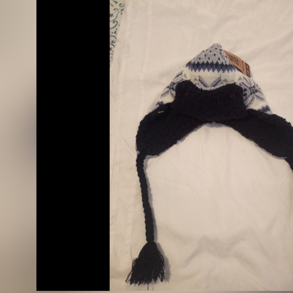 MUK LUKS Blue & White Ear Flap Fair Isle Faux Fur Lined Beanie Winter Hat